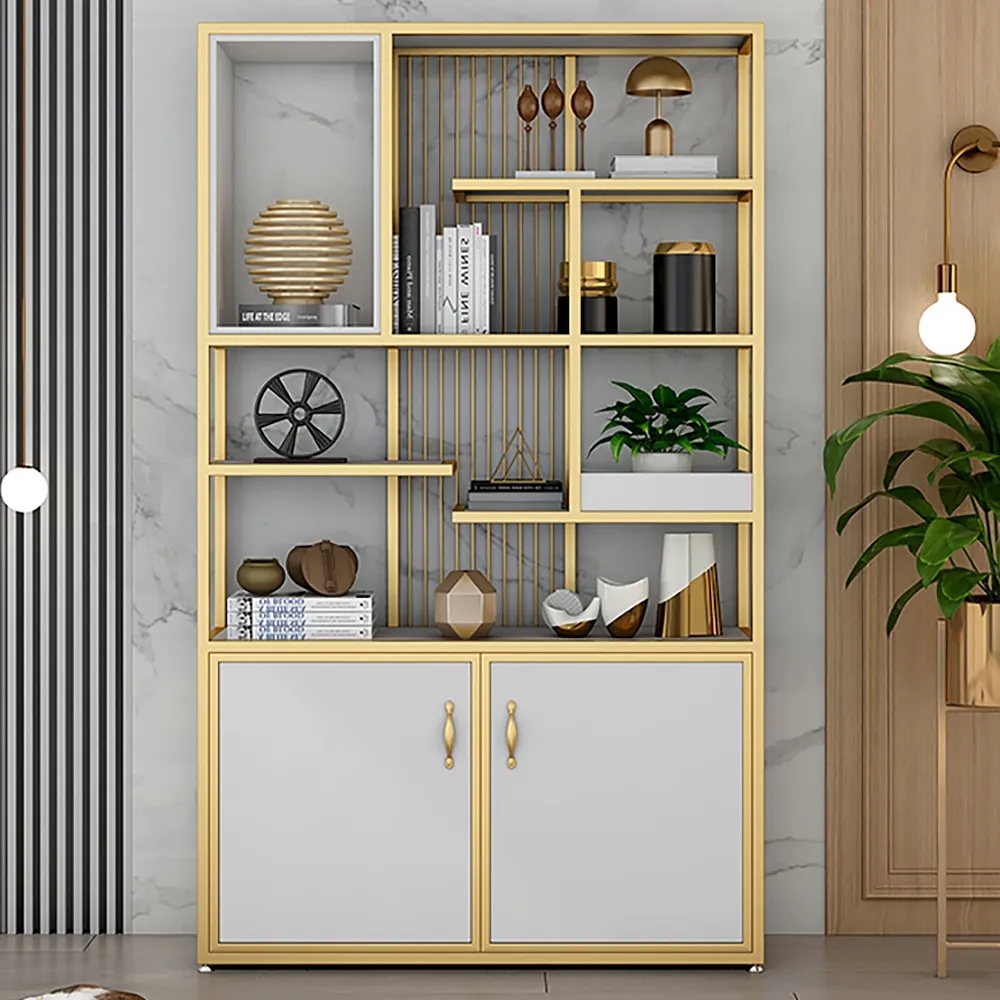2000mm Contemporary White & Gold Standard Bookshelf with Doors window image