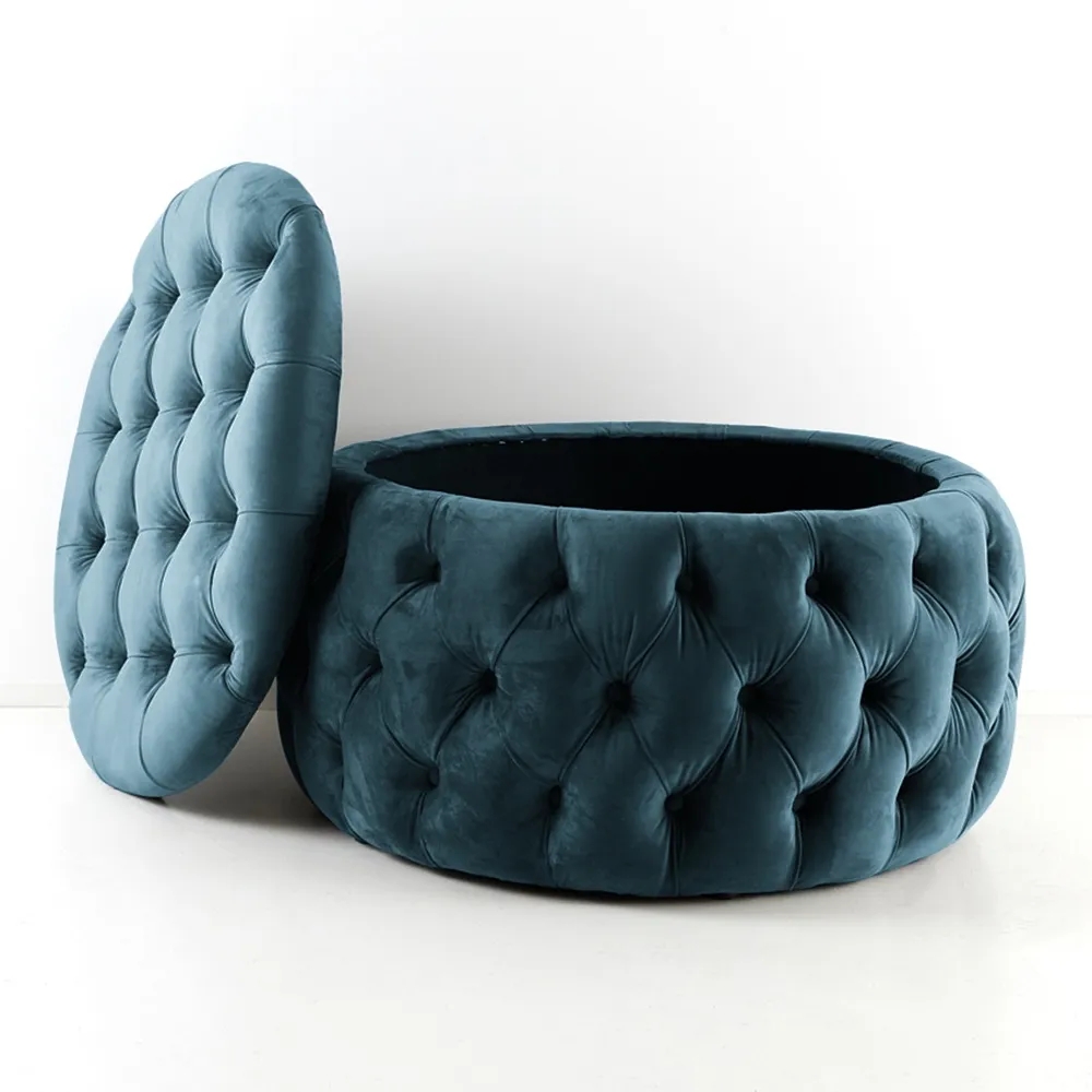 Tufted Round Stool Storage Upholstered Ottoman Removable Stool window image