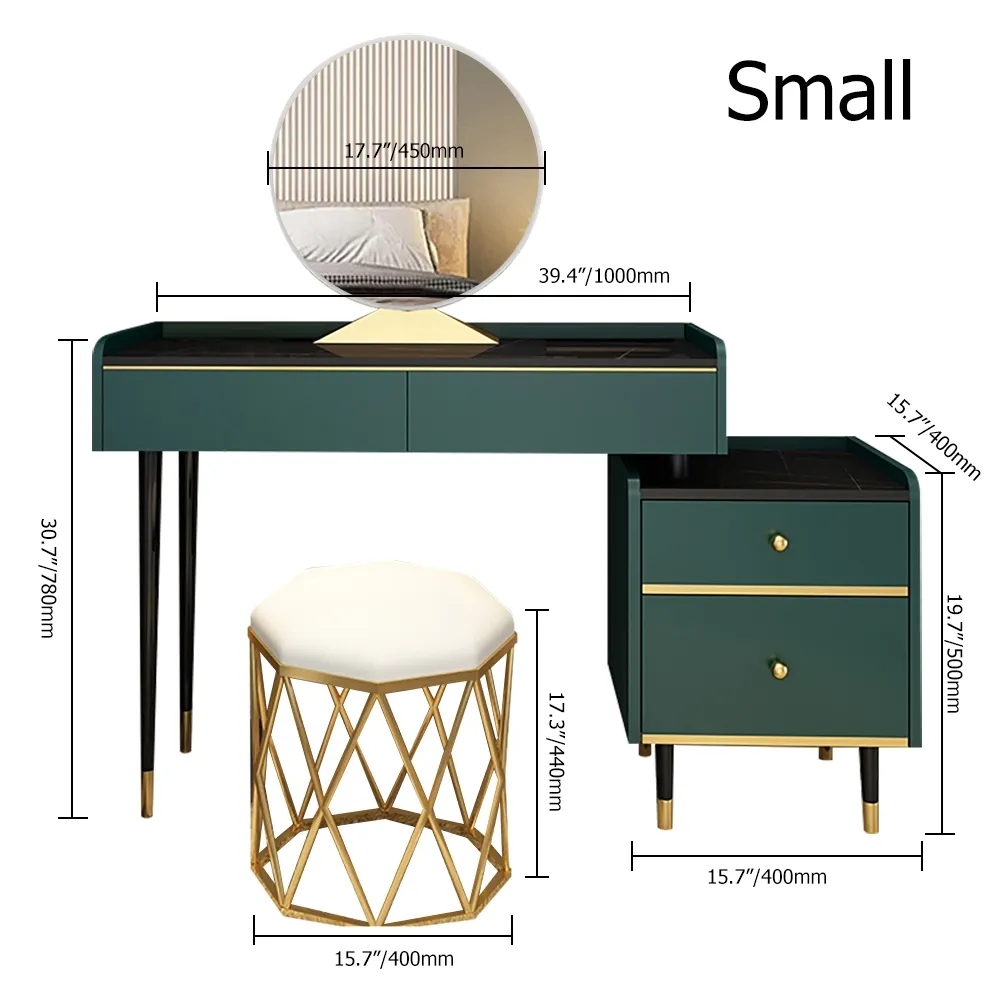 Modern Green Makeup Vanity Set with 4 Drawers Mirror & Stool & Cabinet Included window image