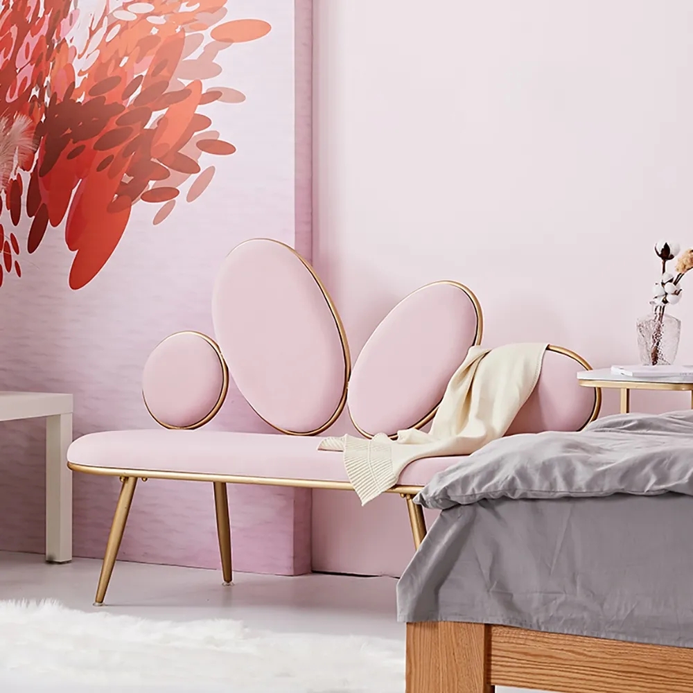 Canapé nordique en velours rembourré rose 49.2" avec pieds dorés image de fenêtre