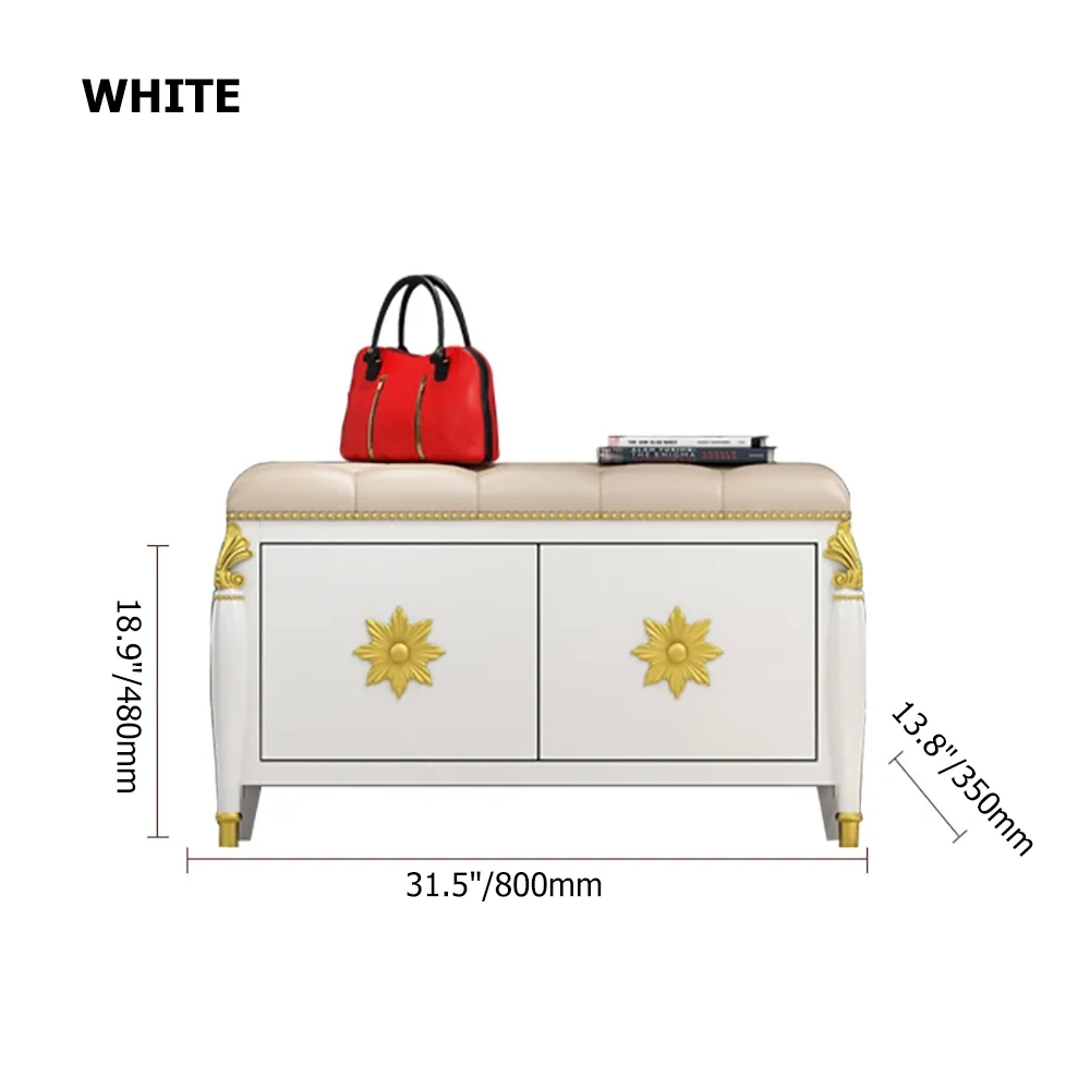 800mm White Retro Storage Bench Shoe Rack with Leather Upholstered Seat window image