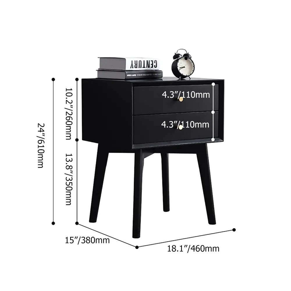 Table de chevet à 2 tiroirs pour chambre noire avec pieds coniques image de fenêtre