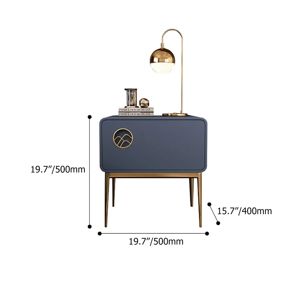 Modern Gray Nightstand Luxury 1-Drawer Faux Leather Bedside Table Gold Finish window image