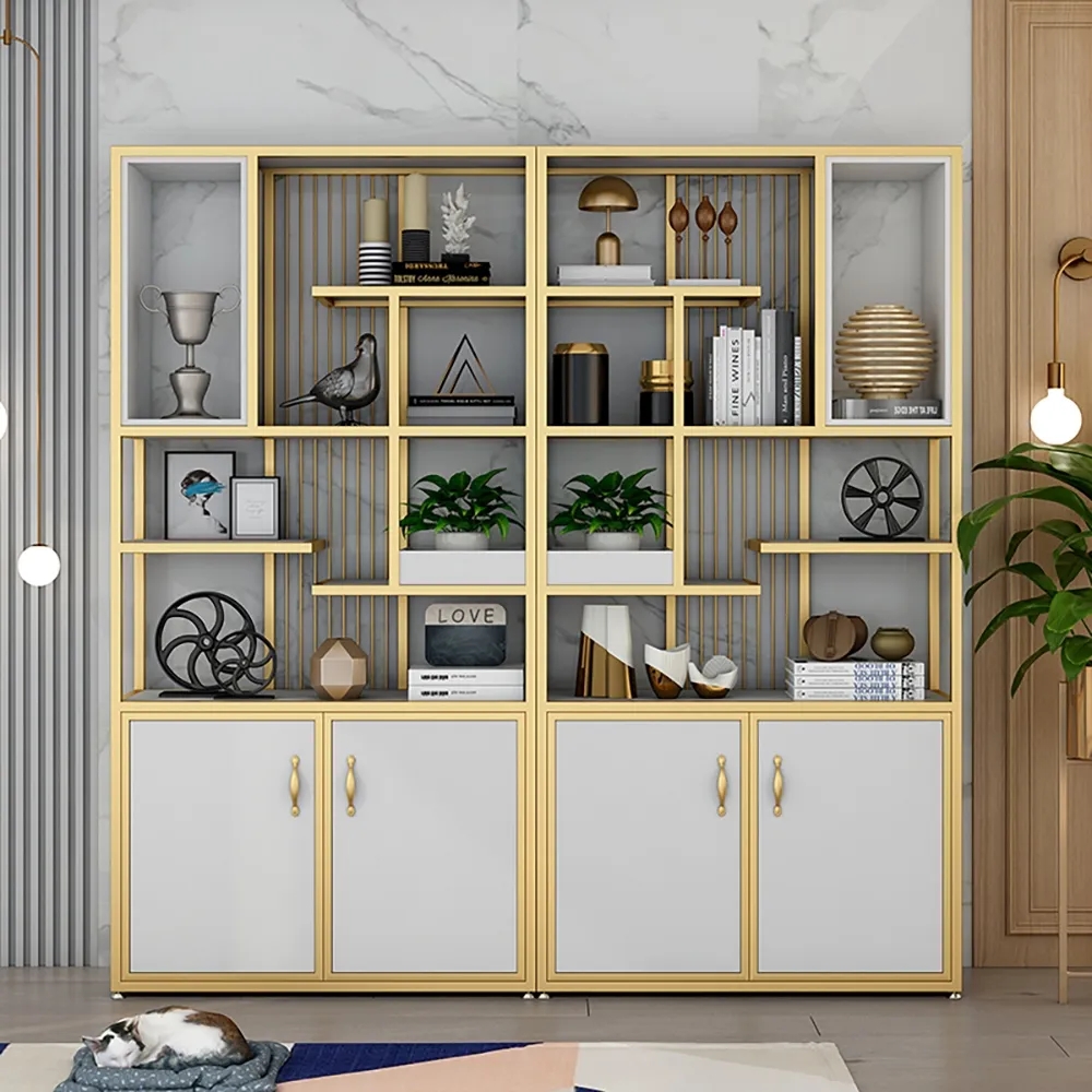 2000mm Contemporary White & Gold Standard Bookshelf with Doors window image