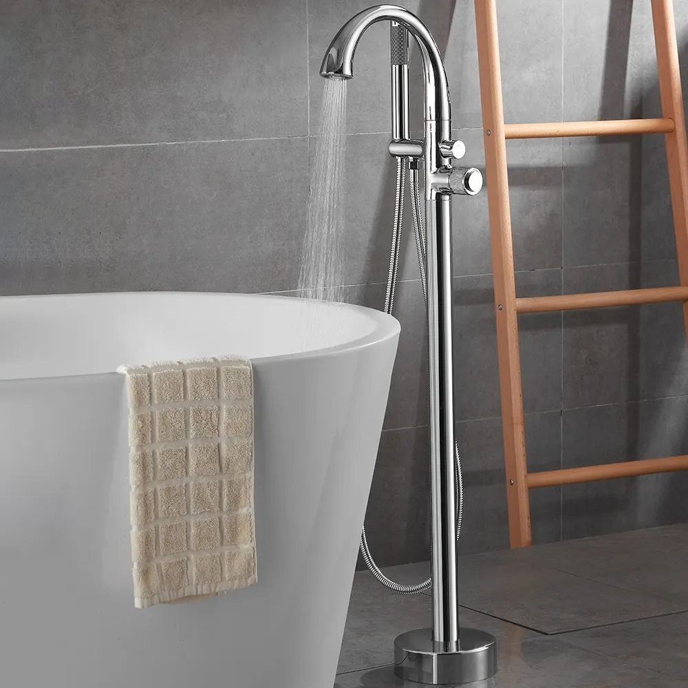 LED Freestanding Bath Tap with Handheld Shower High-Arc Filler Spout Solid Brass window image