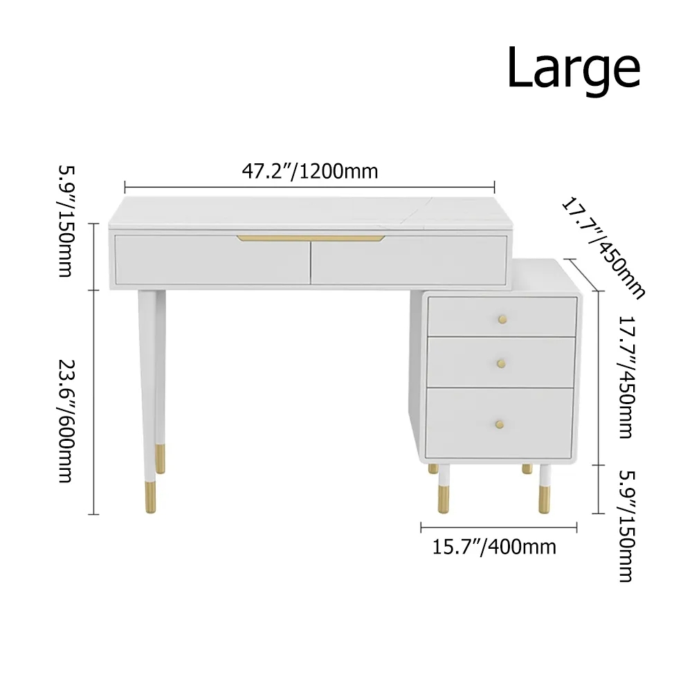 Modern White Makeup Vanity Retracted Sintered Stone Top with 5 Drawers in Large window image