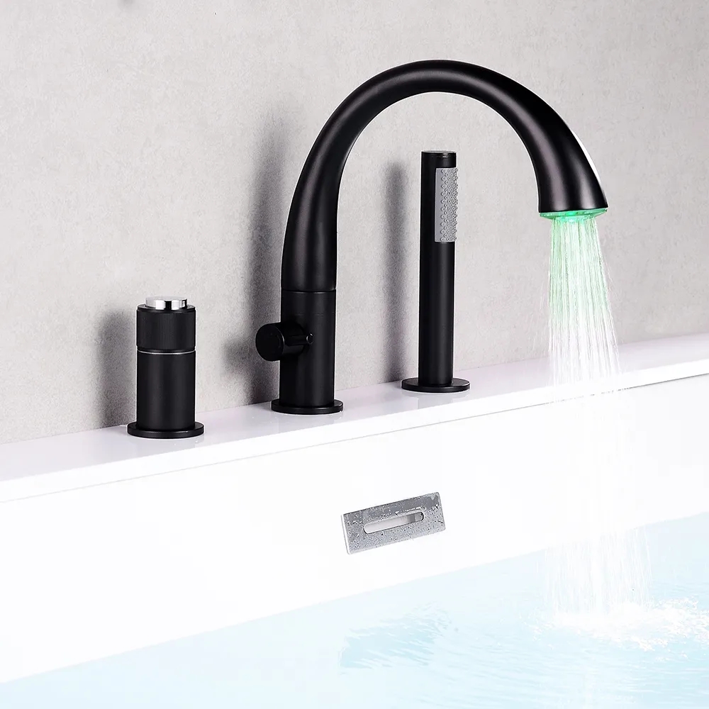 Robinet de bain à 3 trous et douchette LED 3 trous en laiton massif image de fenêtre