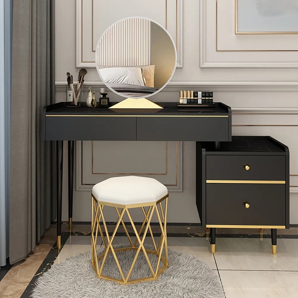 Modern Black Makeup Vanity Set with 4 Drawers Mirror & Stool & Cabinet Included window image