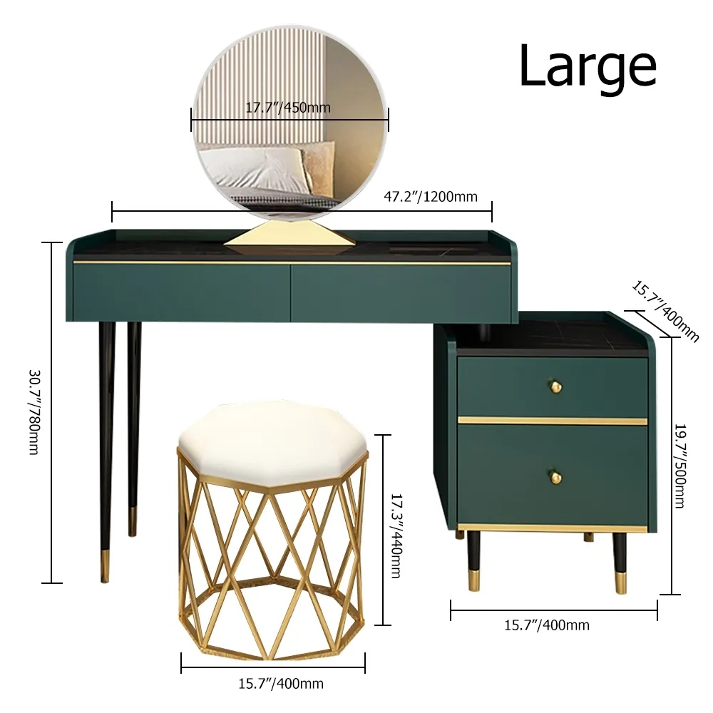 Modern Green Makeup Vanity Set with 4 Drawers Mirror & Stool & Cabinet Included window image