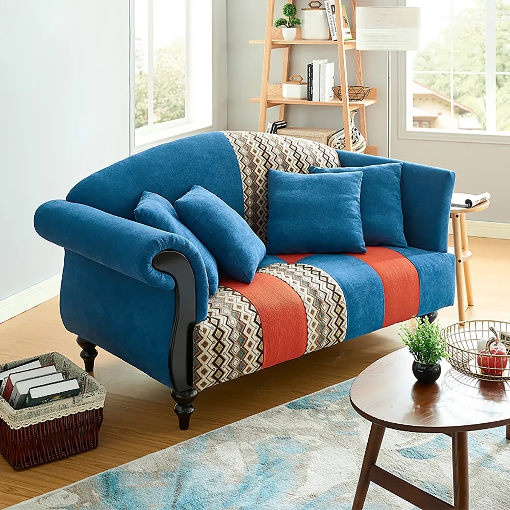 68.1" Deep Blue Rolled Arm Sofa 3-Seater Cotton & Linen Upholstery French Country Couch window image