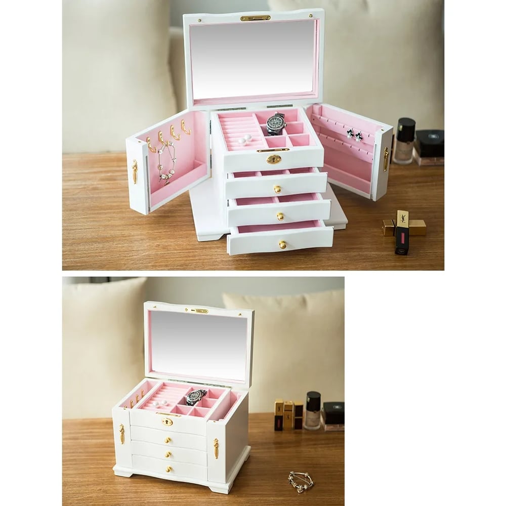 Wooden Jewelry Box Countertop Organiser with Mirror window image
