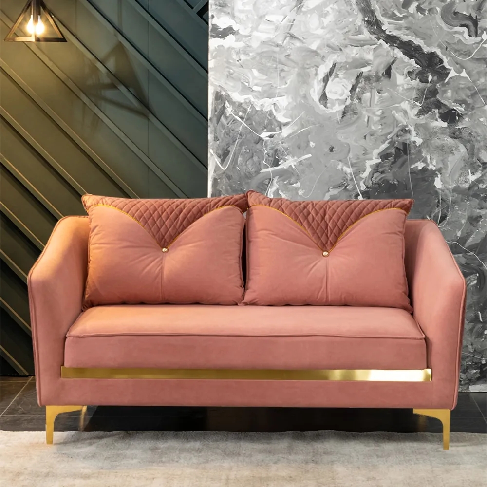 61"L Pink Velvet Upholstered 3-Seater Sofa Rectangular with Pillows Back Square Arm window image