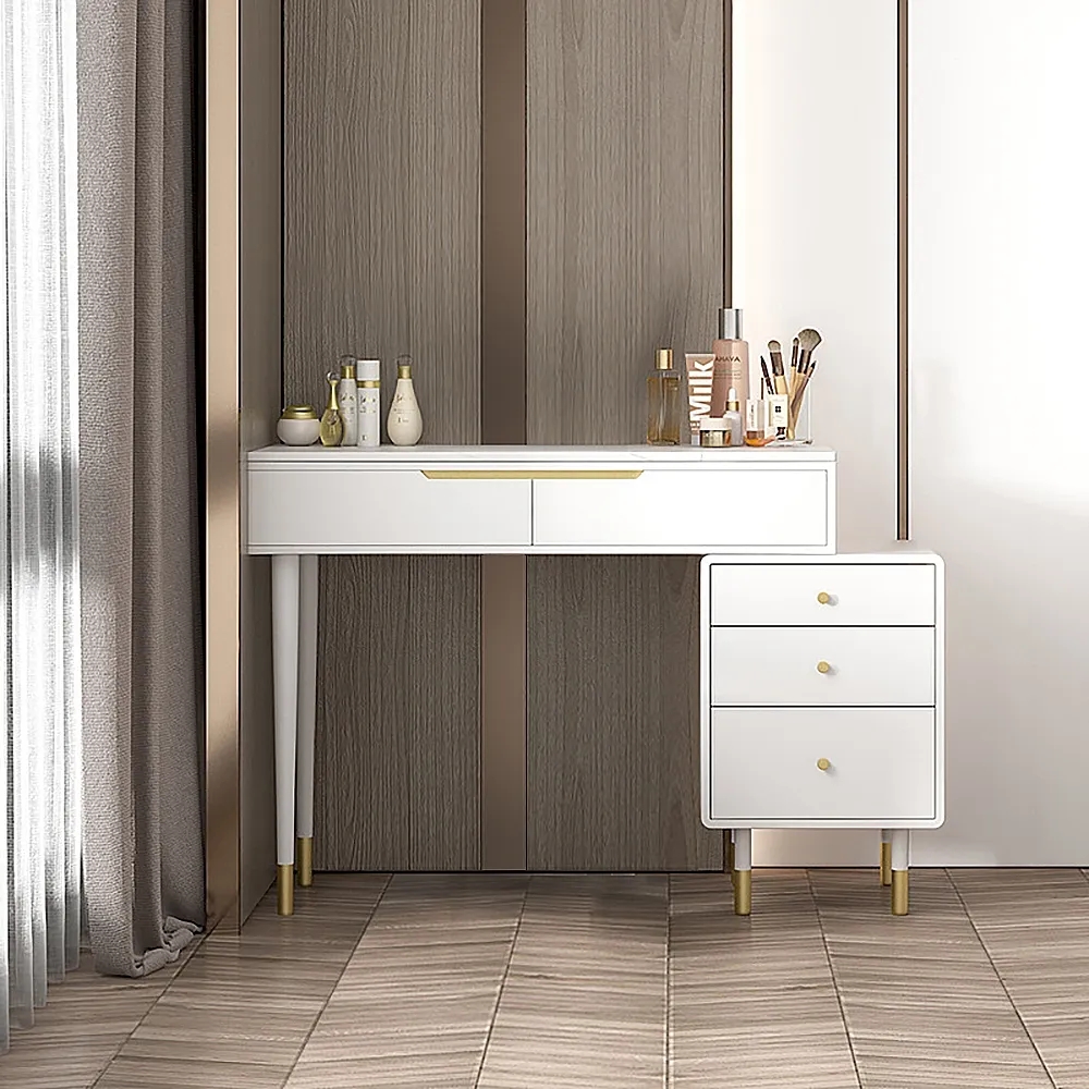 Modern White Makeup Vanity Retracted Sintered Stone Top with 5 Drawers in Large window image