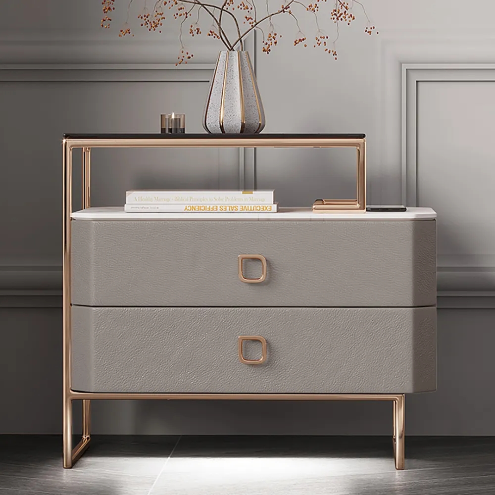 Brown Nightstand Microfiber Leather Upholstery Bedside Table with Light window image