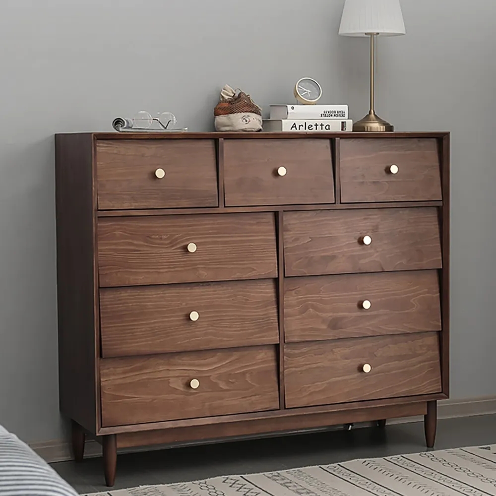 Nordic Walnut Dresser Cant 9-Drawer Cabinet Gold Pulls window image