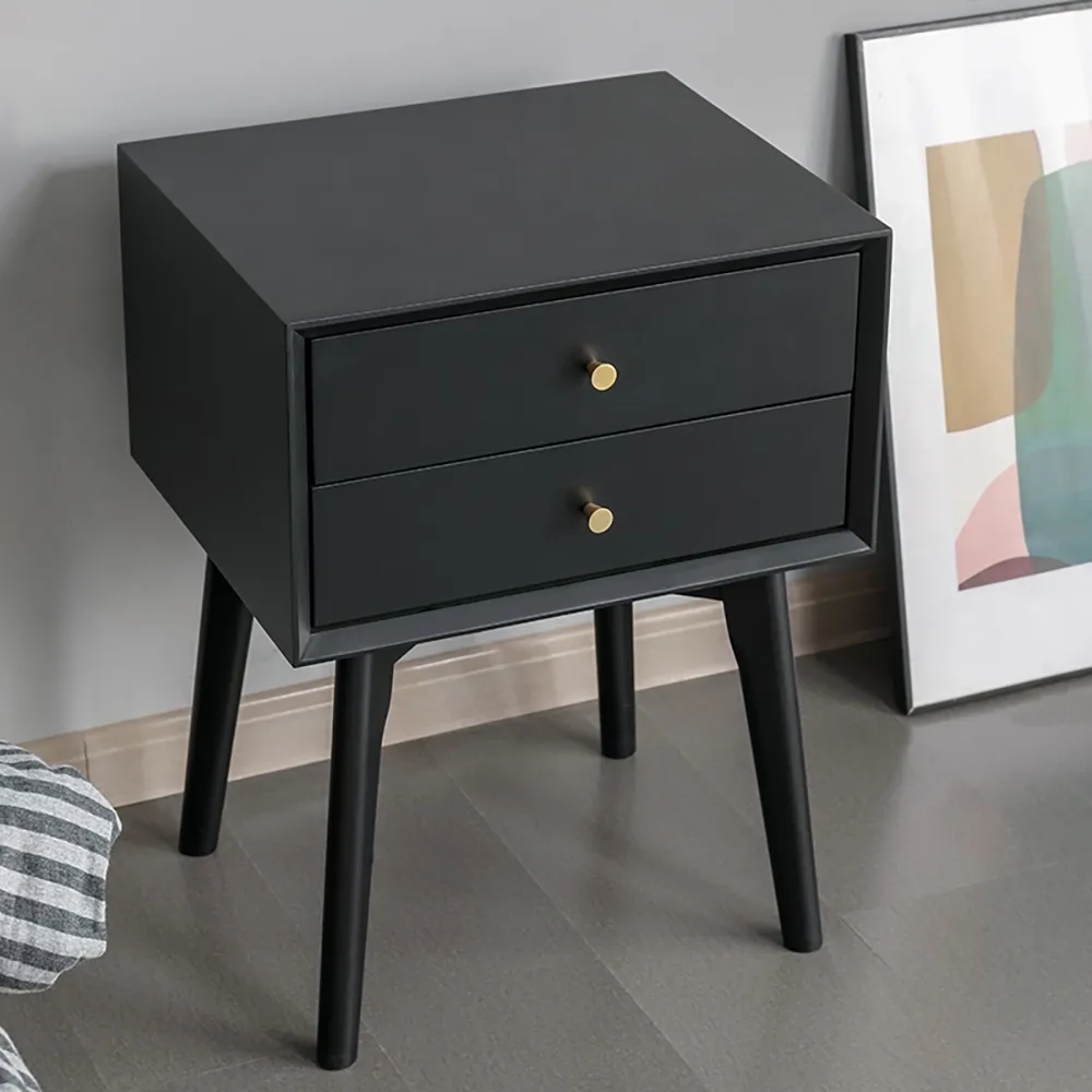 Table de chevet à 2 tiroirs pour chambre noire avec pieds coniques image de fenêtre