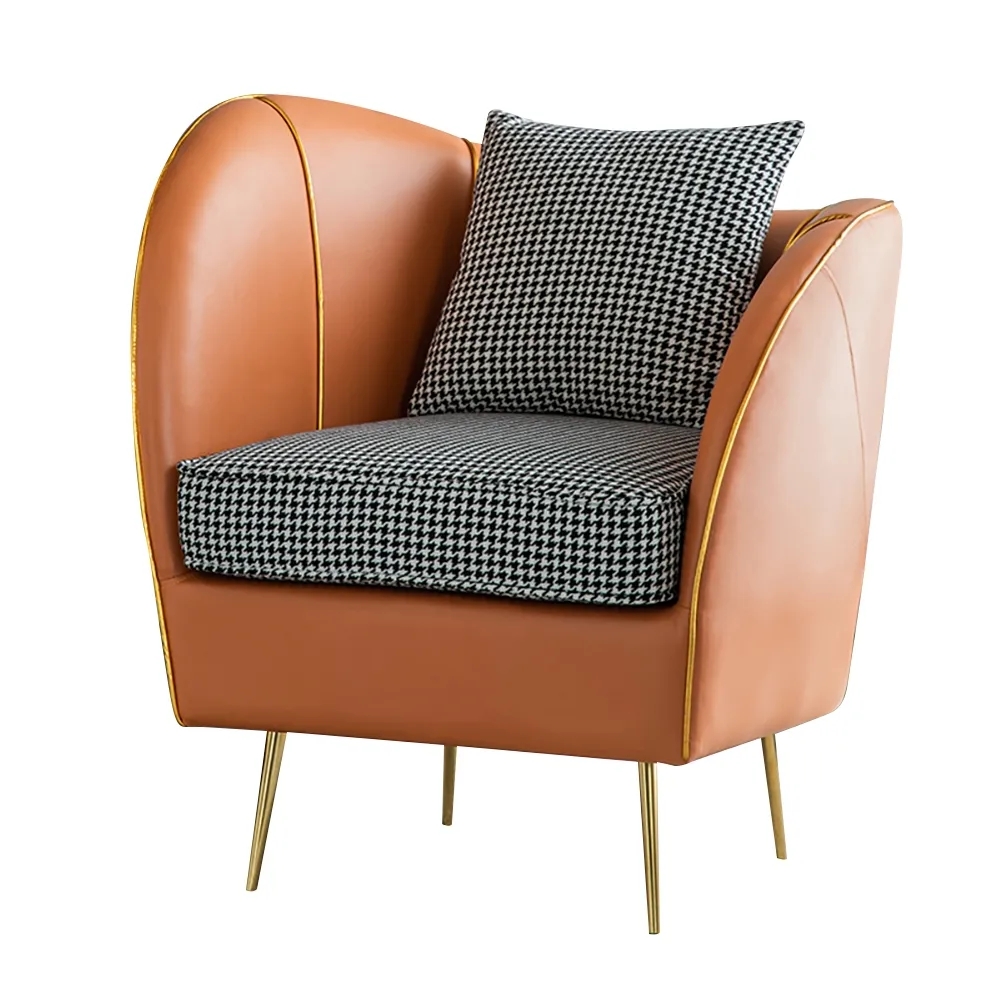 Orange Modern Houndstooth Upholstered Linen & Leather Accent Chair in Gold window image
