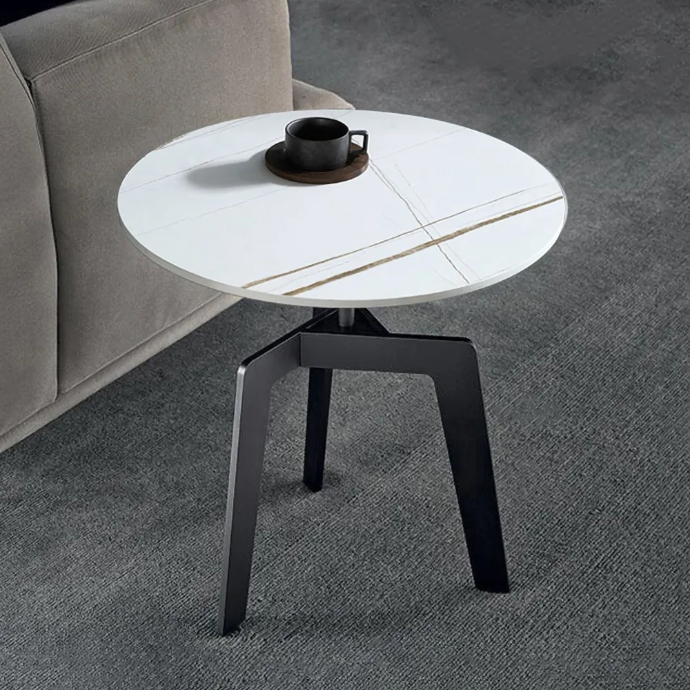 Modern White Sintered Stone End Table Round Side Table Black Carbon Steel Base window image