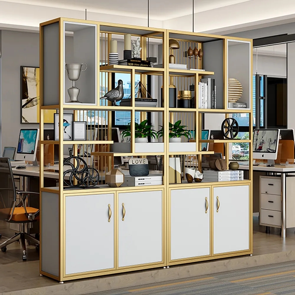 2000mm Contemporary White & Gold Standard Bookshelf with Doors window image