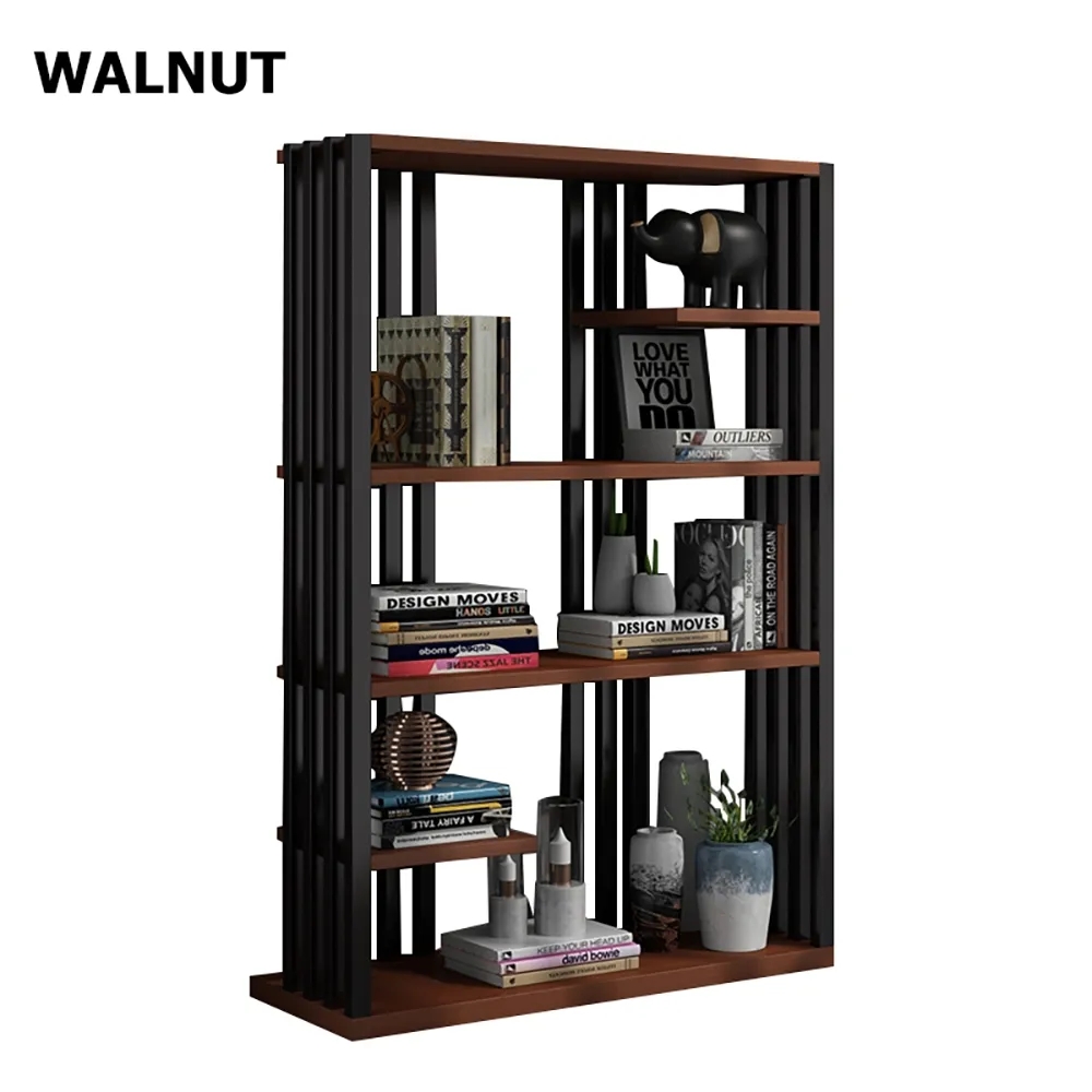 Standing Bookcase Display Shelving in Steel in Walnut 65'' window image