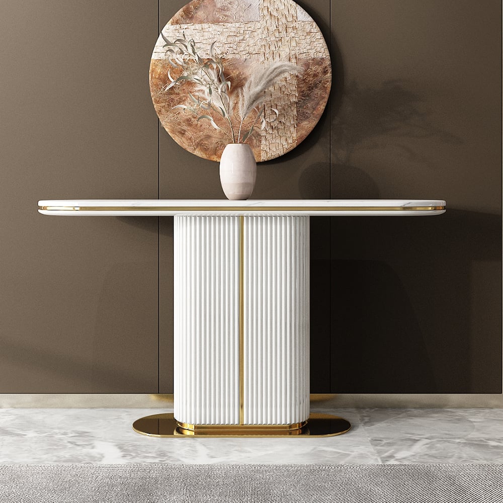 Modern White Narrow Console Table with Marble Top & MDF Base window image