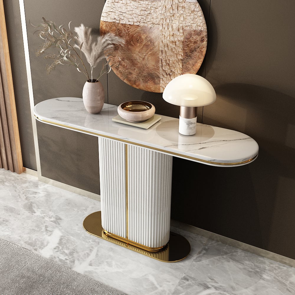 Modern White Narrow Console Table with Marble Top & MDF Base window image