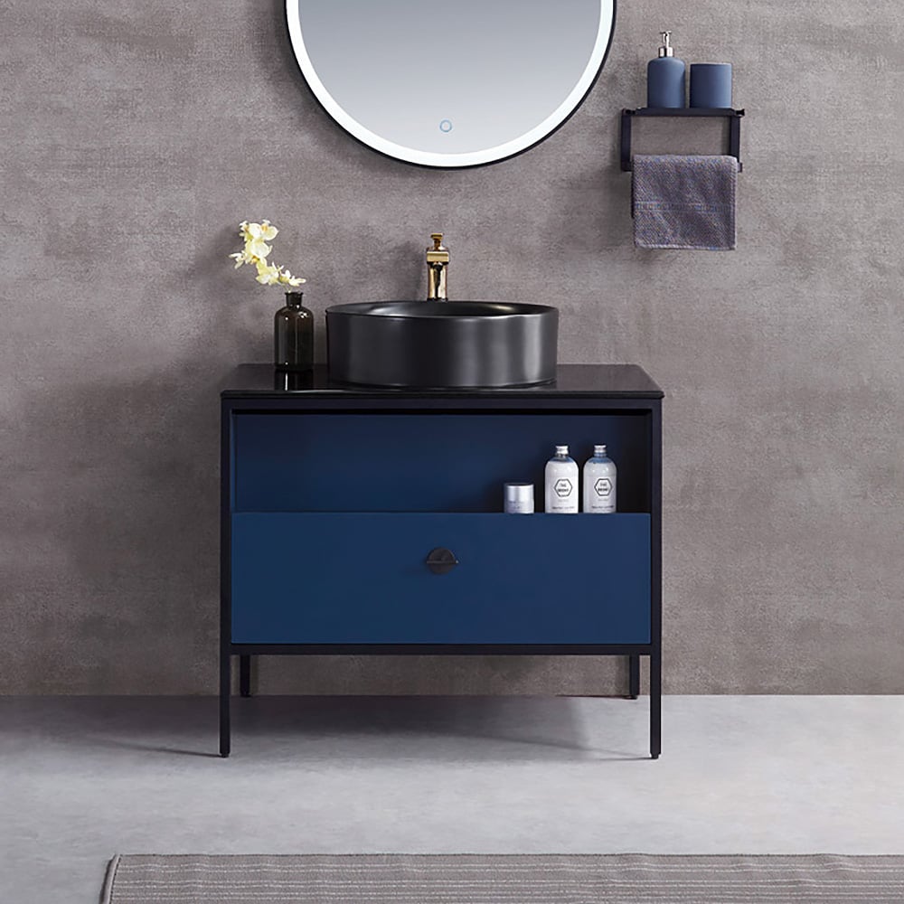 Blue Free-standing Bathroom Vanity Faux Marble Top Ceramic Vessel 1 Drawer window image