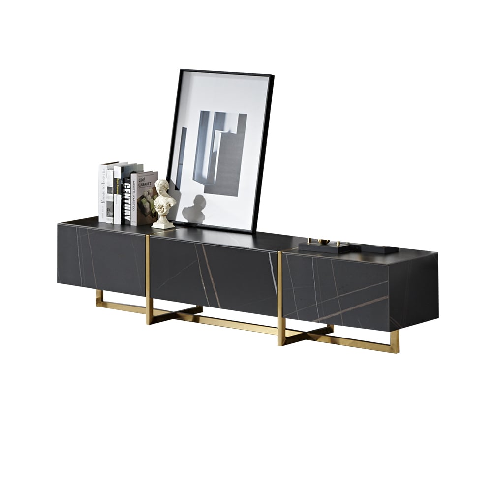 Modern Luxury Black TV Stand Stone Top 3-Drawer Lacquered Surface window image