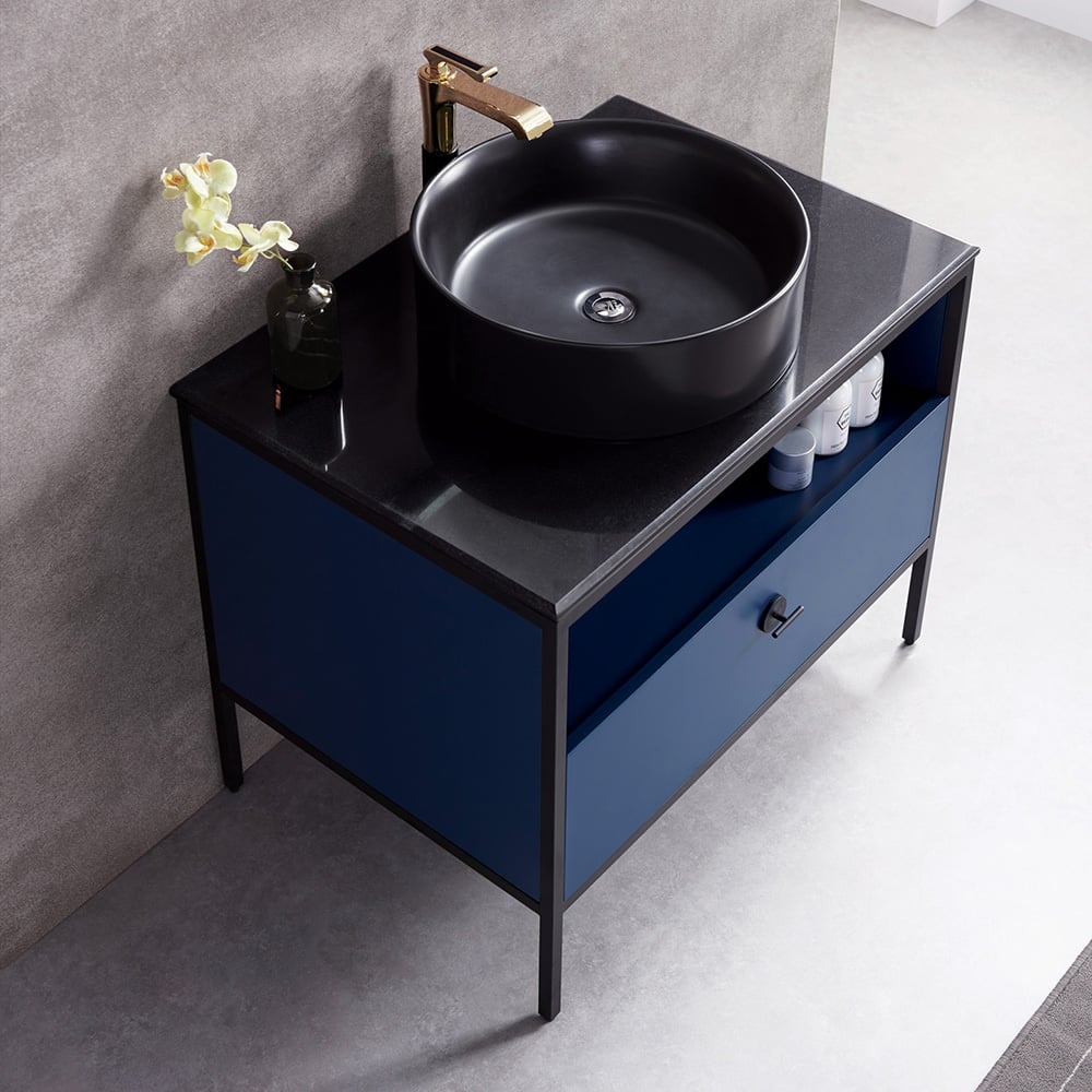 Blue Free-standing Bathroom Vanity Faux Marble Top Ceramic Vessel 1 Drawer window image