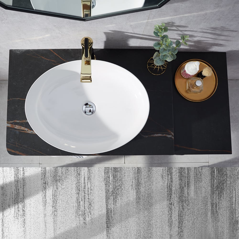 Black Wall Mounted Bathroom Vanity Sintered Stone Top Layered with Towel Hanging Rod window image