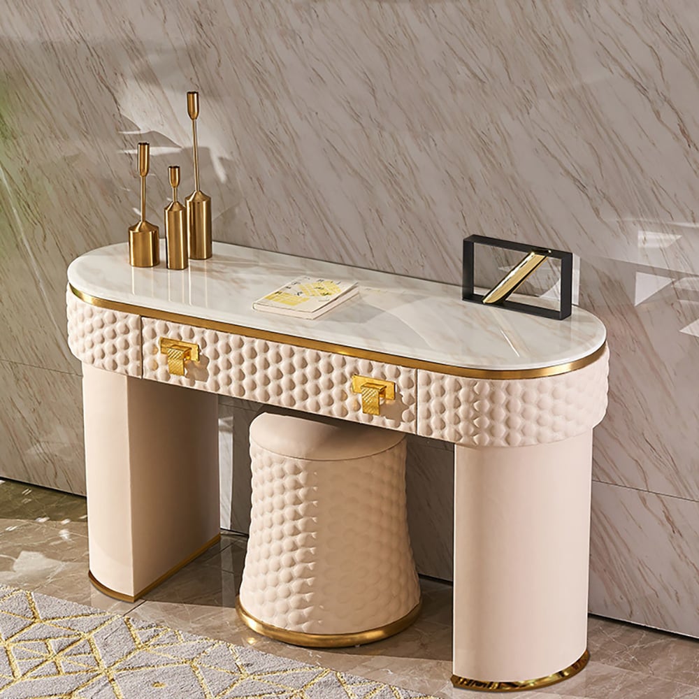Contemporary Pink Makeup Vanity 1-Drawer Dressing Table Stool Included Gold Finish window image