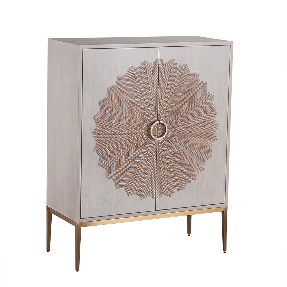 Postmodern Washed White Display Cabinet 2-Door Flower Embossment Accent Cabinet window image