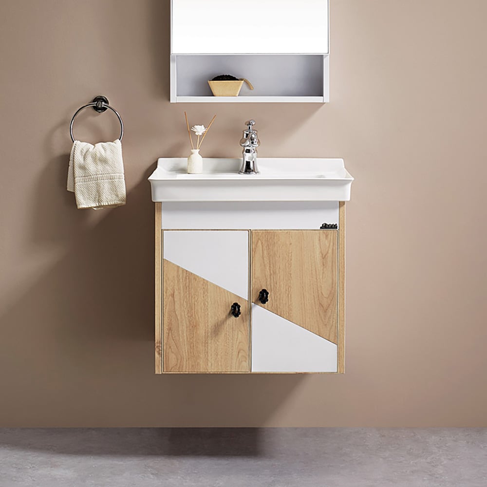 Mobile da bagno galleggiante bianco e naturale da 23,6", porta singola in ceramica senza tavolo Immagine della finestra