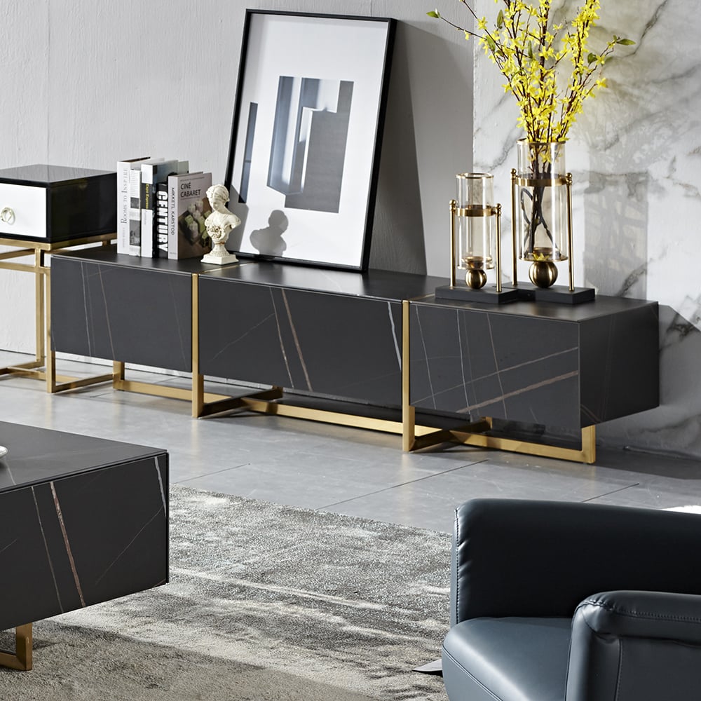 Modern Luxury Black TV Stand Stone Top 3-Drawer Lacquered Surface window image