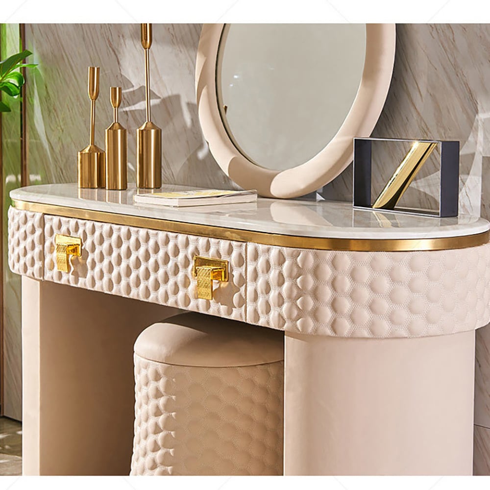 Contemporary Pink Makeup Vanity 1-Drawer Dressing Table Stool Included Gold Finish window image