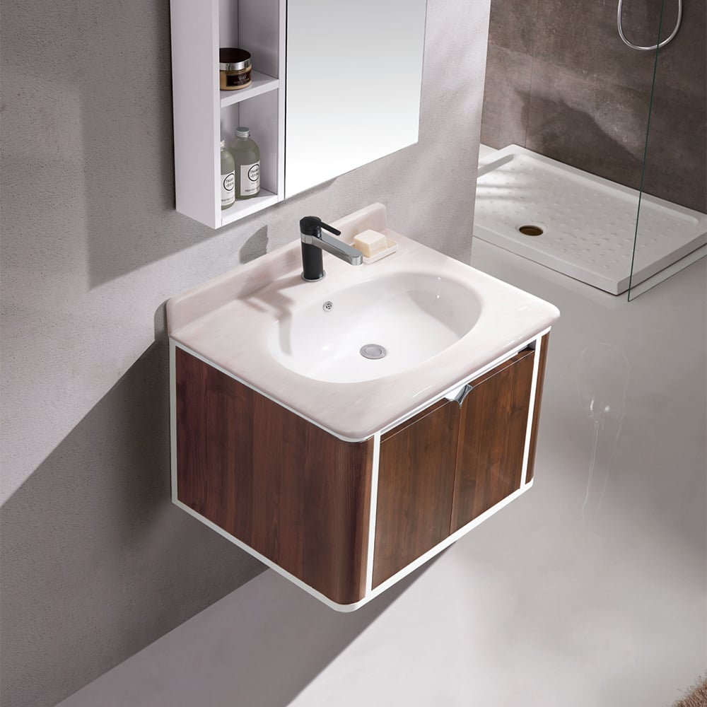700mm Walnut Floating Bathroom Vanity Artificial Jade Top Integral Ceramics Basin 2-Door window image