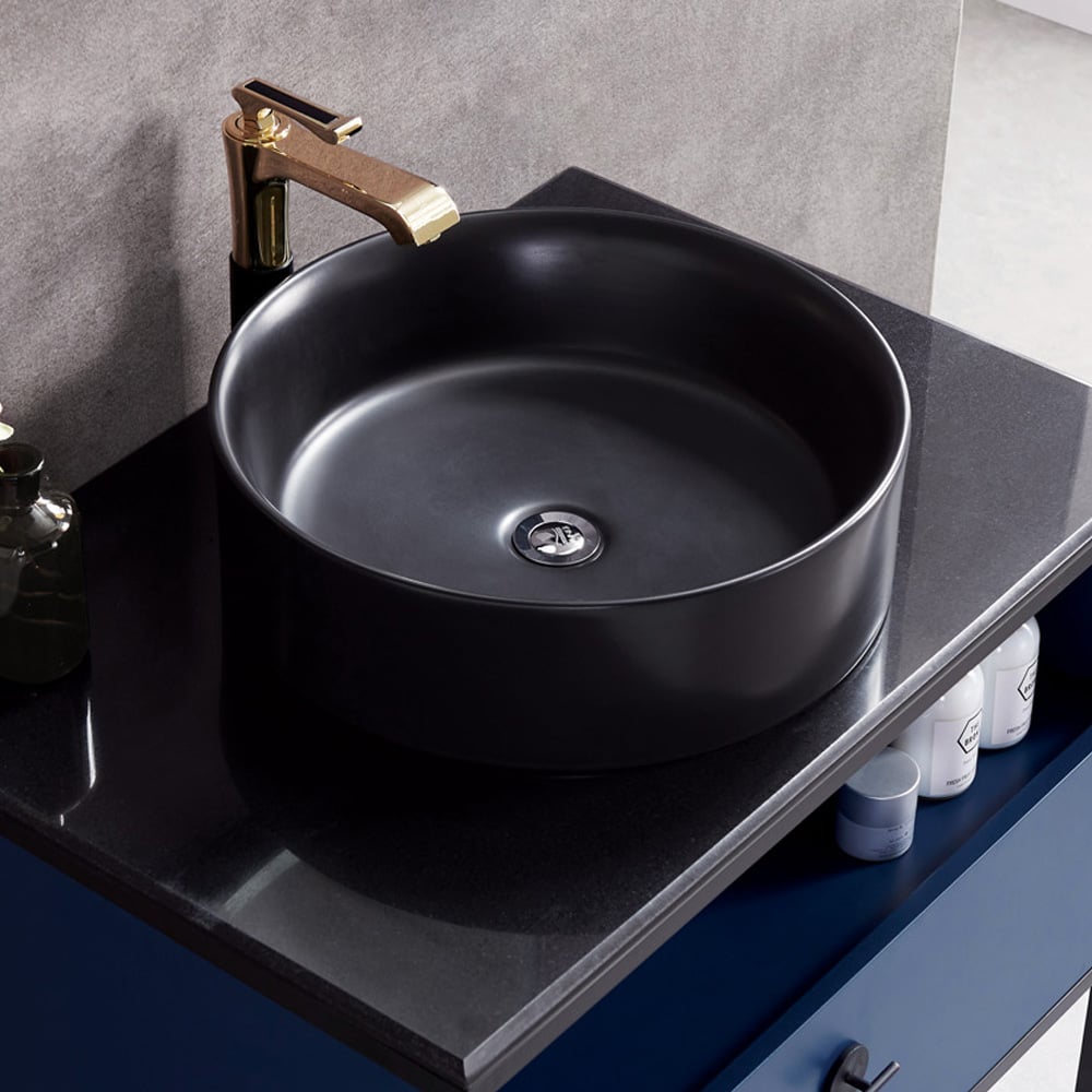 Blue Free-standing Bathroom Vanity Faux Marble Top Ceramic Vessel 1 Drawer window image