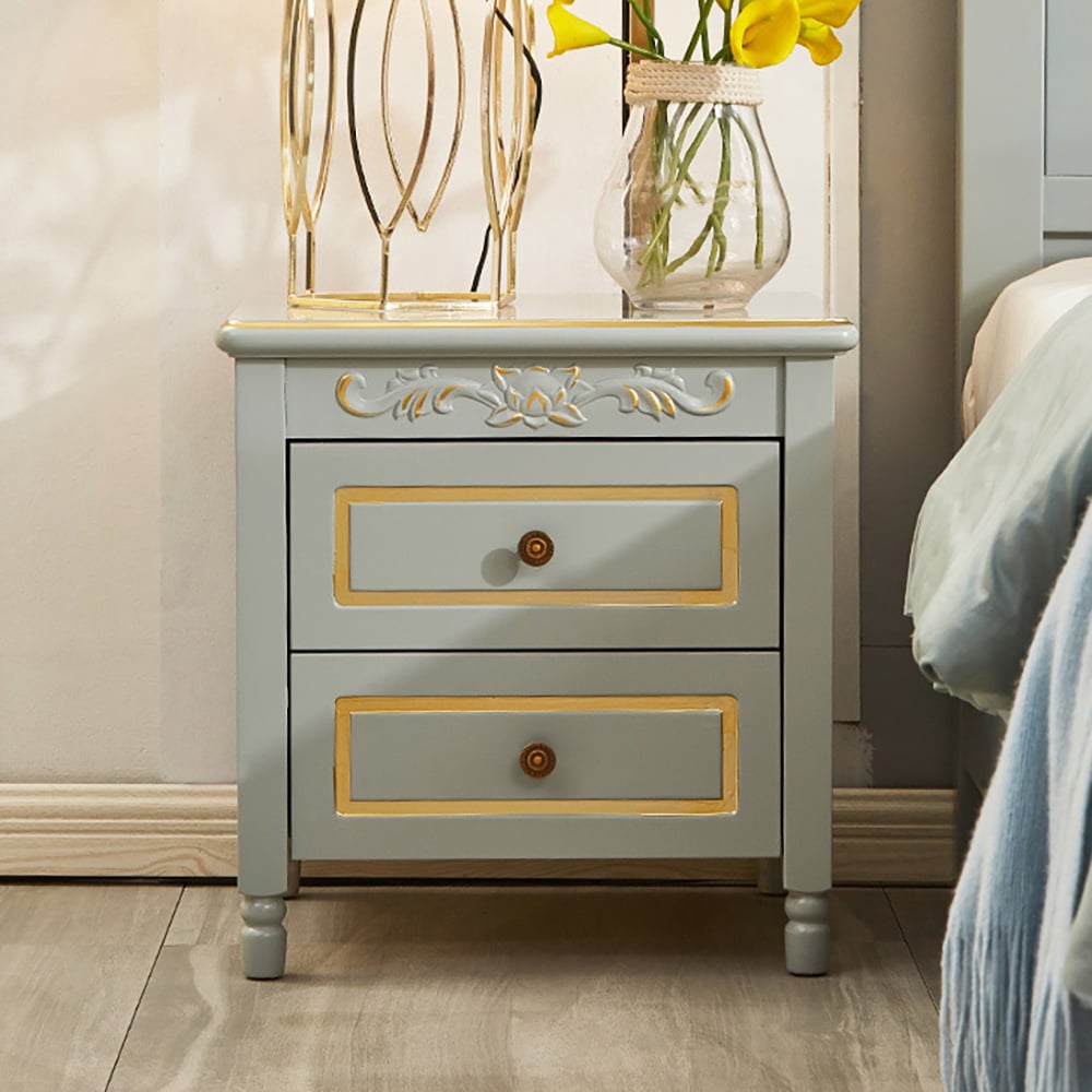 Grijs nachtkastje Amerikaans nachtkastje met 2 lades verguld bloemig reliëf nachtkastje Vensterafbeelding