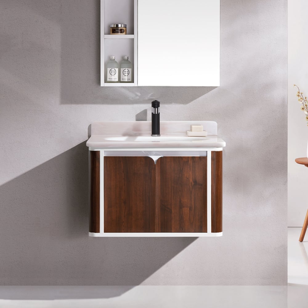 700mm Walnut Floating Bathroom Vanity Artificial Jade Top Integral Ceramics Basin 2-Door window image
