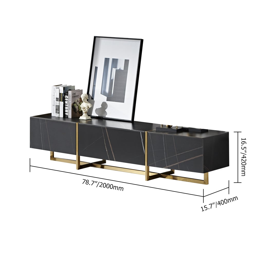 Modern Luxury Black TV Stand Stone Top 3-Drawer Lacquered Surface window image