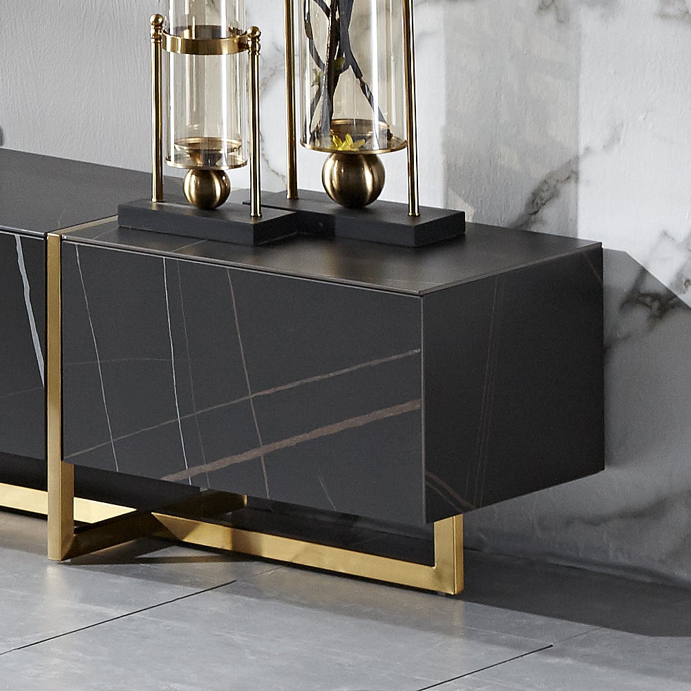 Modern Luxury Black TV Stand Stone Top 3-Drawer Lacquered Surface window image