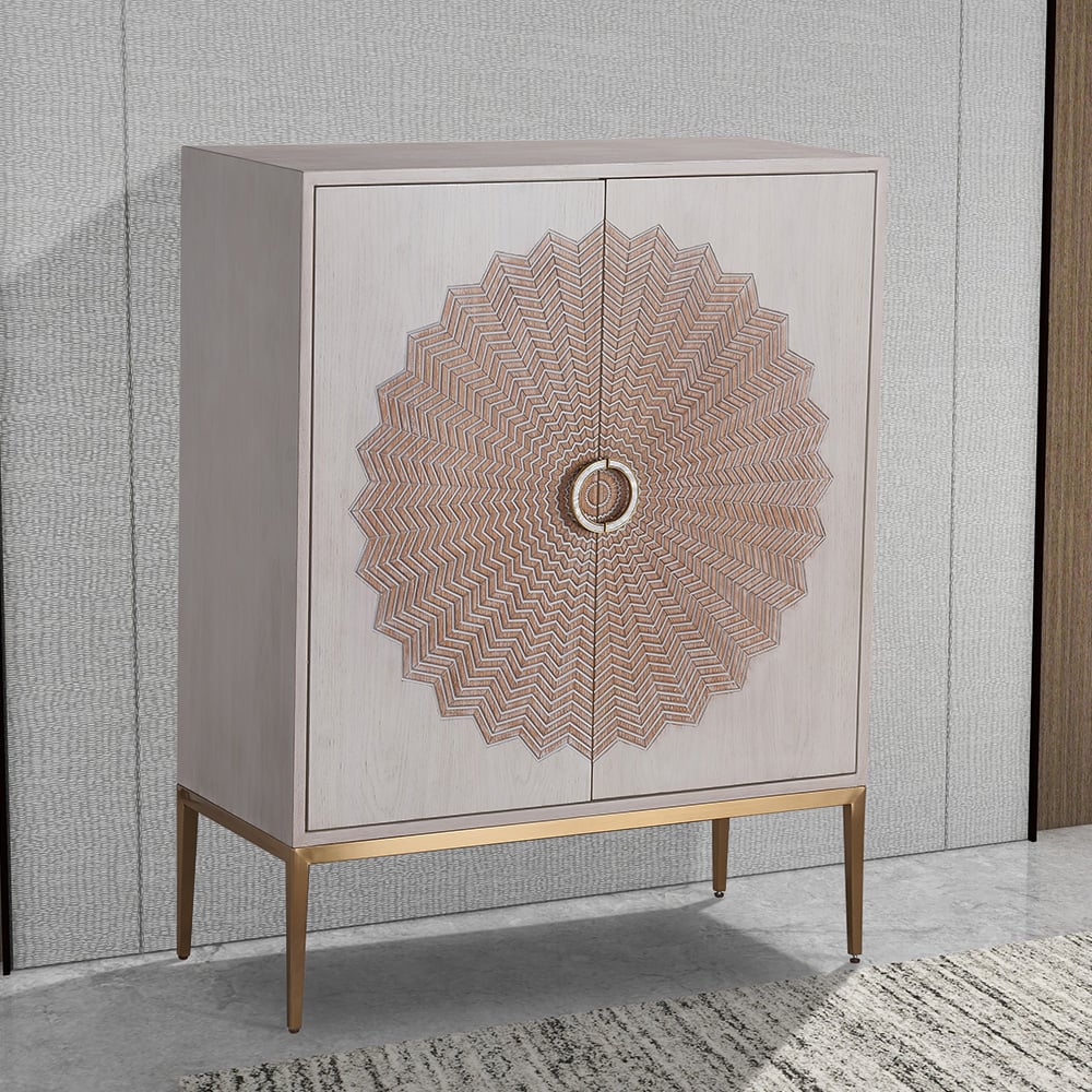 Postmodern Washed White Display Cabinet 2-Door Flower Embossment Accent Cabinet window image