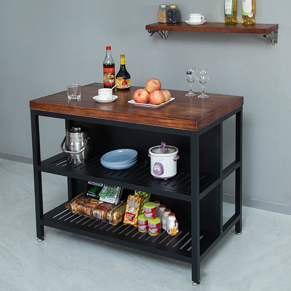 American Style Walnut Kitchen Island 4-Shelf 39" Kitchen Cabinet in Black window image