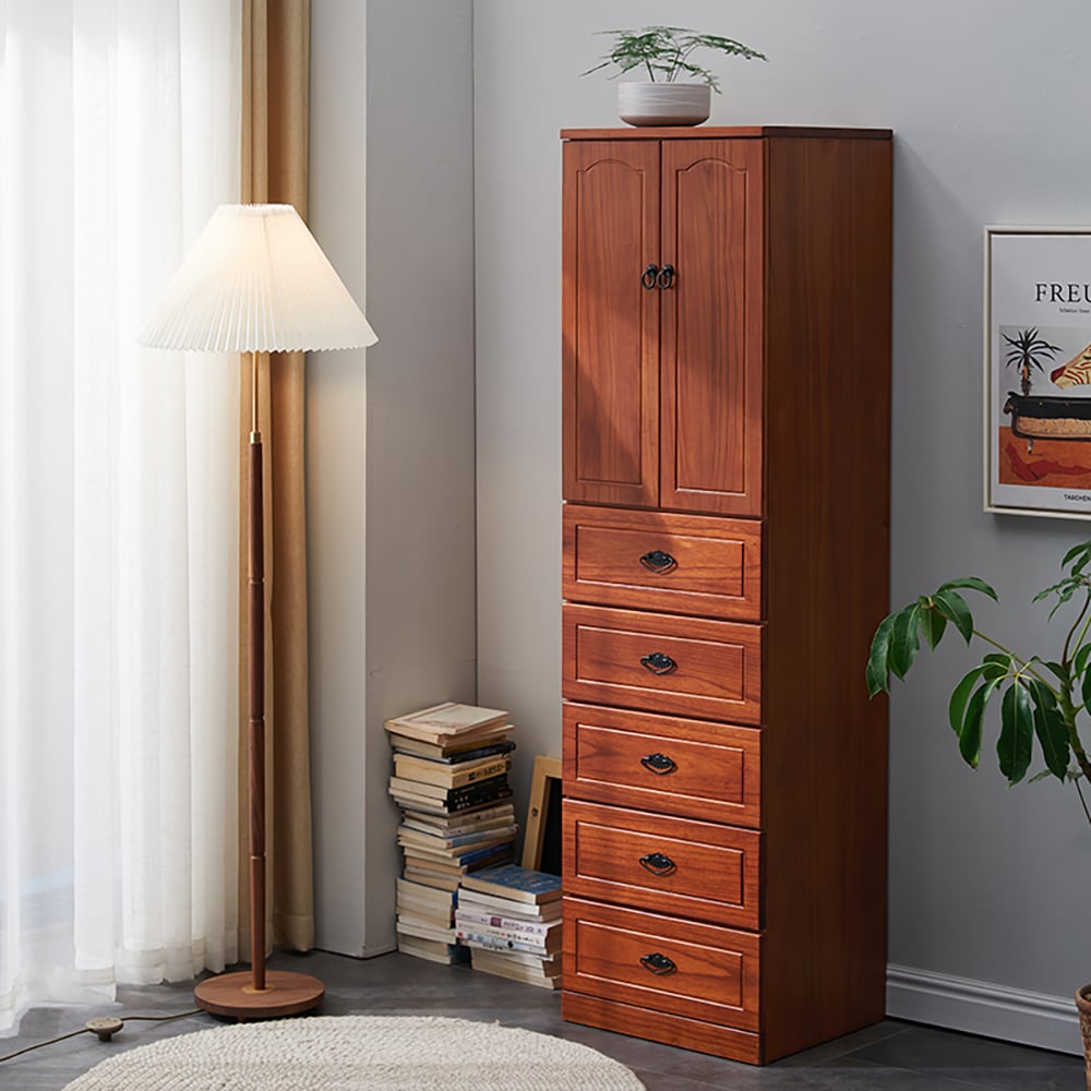 66" Walnut 5-Drawer Chest Accent Cabinet 1 Adjustable Shelf window image