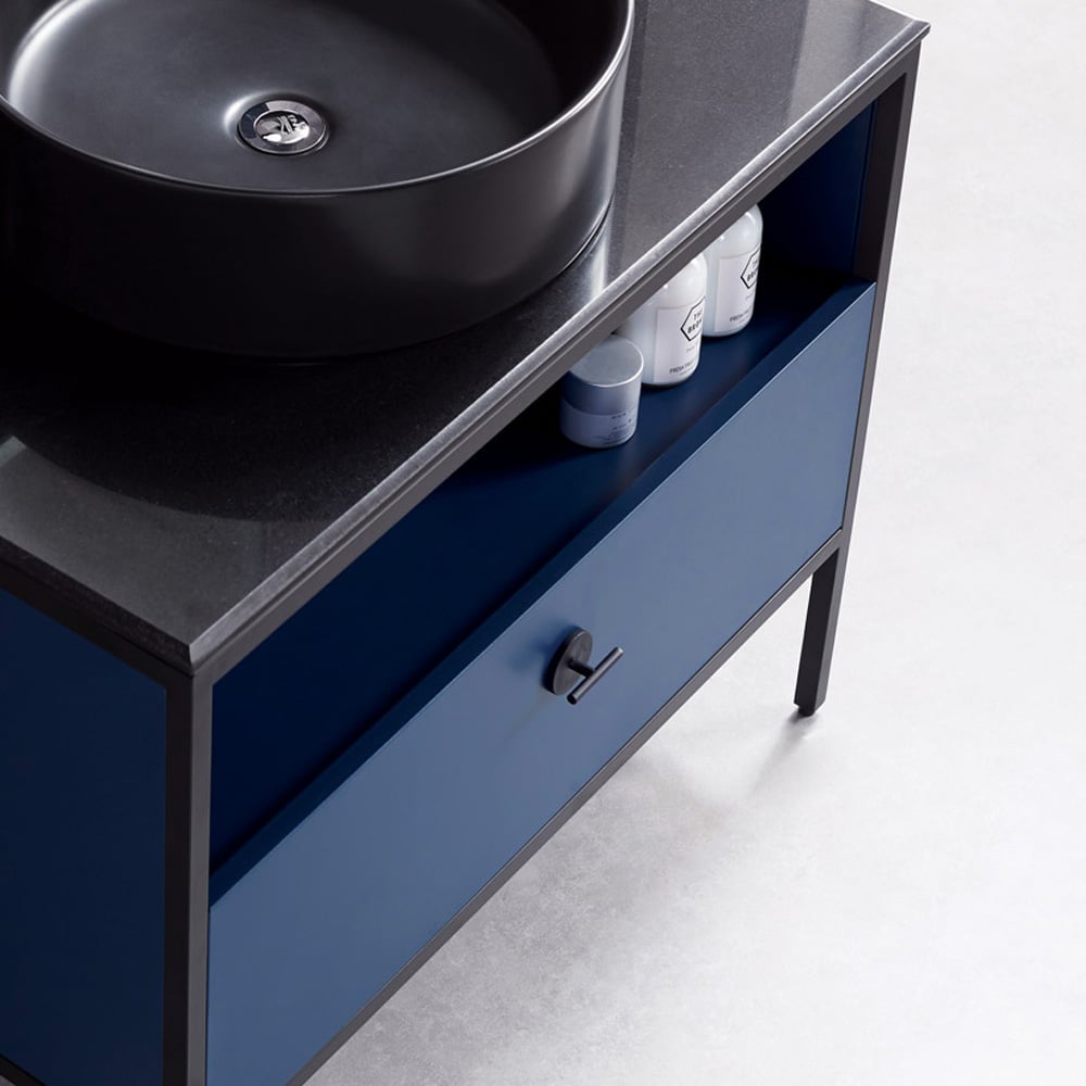 Blue Free-standing Bathroom Vanity Faux Marble Top Ceramic Vessel 1 Drawer window image