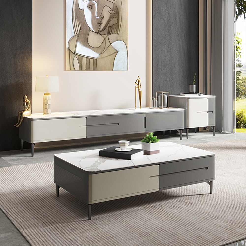 Italian Minimalist TV stand Sintered Stone Top Gray Media Console 3-Drawer window image