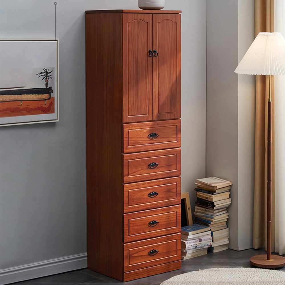 66" Walnut 5-Drawer Chest Accent Cabinet 1 Adjustable Shelf window image