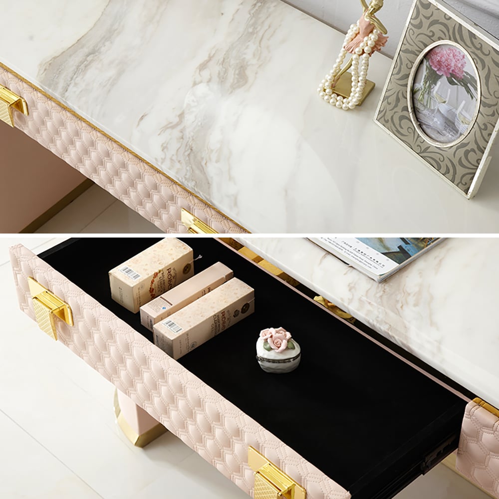 Contemporary Pink Makeup Vanity 1-Drawer Dressing Table Stool Included Gold Finish window image