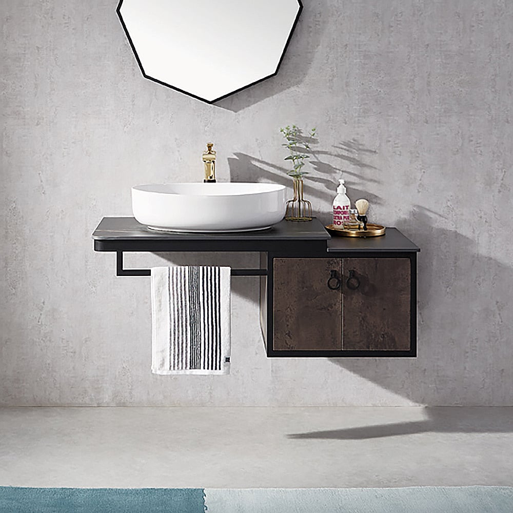 Black Wall Mounted Bathroom Vanity Sintered Stone Top Layered with Towel Hanging Rod window image