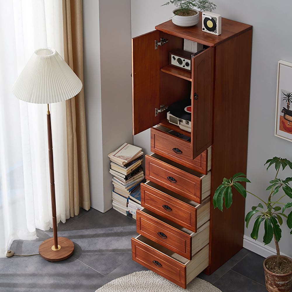 66" Walnut 5-Drawer Chest Accent Cabinet 1 Adjustable Shelf window image